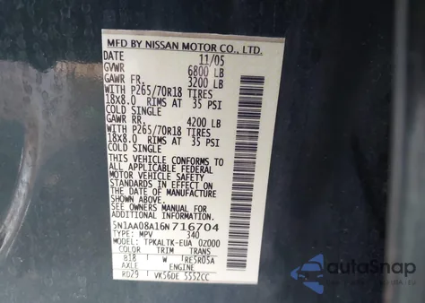 2006 Nissan Armada Se from USA, damaged, VIN 5N1AA08A16N716704